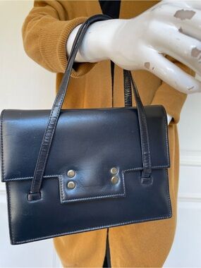 Vintage Made in England Genuine Leather Structured Top Handle Handbag Navy